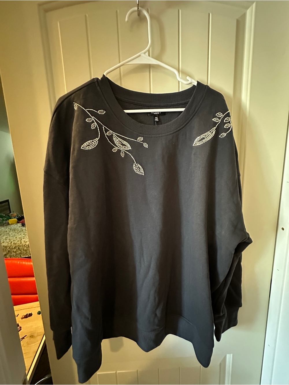 Maurices Black Crewneck Sweatshirt with White Leaf Embroidery